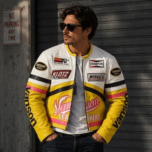 Könnte beinhalten: Eine weiße und gelbe Leder-Rennjacke mit schwarzen und rosa Akzenten. Die Jacke hat mehrere Aufnäher mit Texten wie "Vanson Leathers", "Champion" und "Klotz". Auf den Ärmeln steht das Wort "Vanson" vertikal gedruckt.