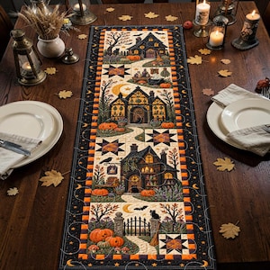 Puede incluir: Un camino de mesa rectangular con un patrón repetitivo de casas oscuras, calabazas, gatos negros y estrellas. El diseño incluye bordes a cuadros naranjas y negros, motivos de estrellas y senderos sinuosos en una escena detallada.