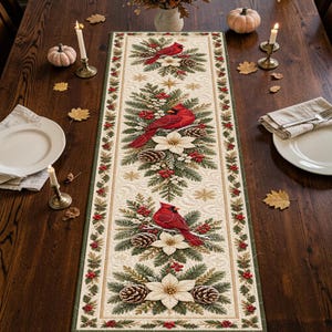 Christmas Cardinal Quilted-Style Table Runner, Cream Red Evergreen Pinecone Poinsettia Decor, Elegant Winter Farmhouse Holiday Table Accent