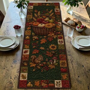 May include: A rectangular fabric table runner featuring a dark green center panel with a printed design of a woven basket filled with autumn produce, a squirrel, mushrooms, and fall leaves, surrounded by a border of squares with leaf motifs.
