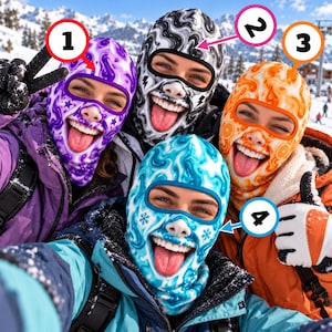 May include: Four balaclavas featuring vibrant patterns: a purple one with stars, a black and white marbled design with lightning bolts, an orange one with citrus slices, and a blue one with snowflake icons, all with cutouts for eyes.