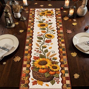 Può includere: Un runner da tavola rettangolare in tessuto con un pannello centrale color crema caratterizzato da un disegno stampato di un cesto intrecciato pieno di girasoli, zucche arancioni e spighe di grano, bordato da un motivo a scacchi autunnale.
