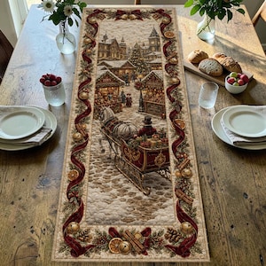 May include: A rectangular fabric table runner featuring a detailed winter scene of a horse-drawn sleigh on a cobblestone street, surrounded by holiday market stalls, evergreen boughs, red ribbons, cinnamon sticks, and dried orange slices.