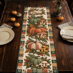 Pumpkin Mushroom Harvest Quilted-Style Table Runner, Cream Sage Orange Patchwork Fall Decor, Rustic Woodland Farmhouse Thanksgiving Accent