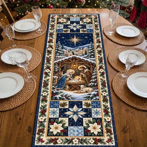 May include: A rectangular table runner featuring a central nativity scene with a star, snowy landscape, and village. The border displays poinsettias, pine cones, and holly berries on a dark blue background with geometric star patterns.