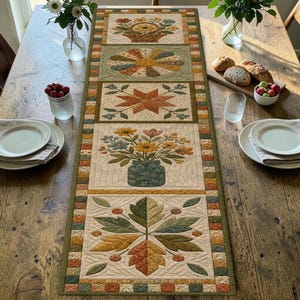 May include: A rectangular quilted table runner featuring five distinct panels with floral and botanical motifs in shades of green, orange, yellow, and cream. The runner is bordered by a small checkered pattern and displays intricate machine quilting.