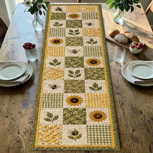 May include: A rectangular quilted table runner featuring a patchwork design of alternating squares. The pattern includes yellow sunflowers, honeybees, green leaves, yellow and white gingham checks, and floral prints in shades of green and yellow.