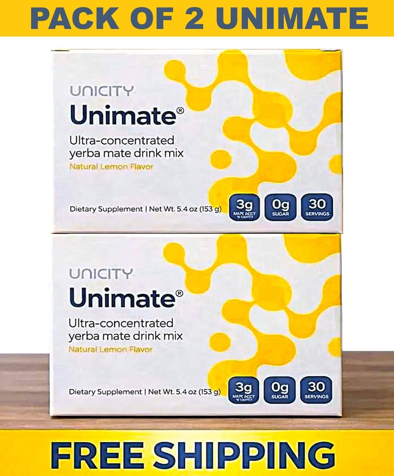 K&ouml;nnte beinhalten: Zwei Packungen Unicity Unimate, ein ultra-konzentrierter Yerba Mate-Drink-Mix mit nat&uuml;rlichem Zitronengeschmack. Jede Packung enth&auml;lt 153 g Produkt und bietet 30 Portionen. Die Packungen haben einen wei&szlig;en Hintergrund mit gelben abstrakten Designs.