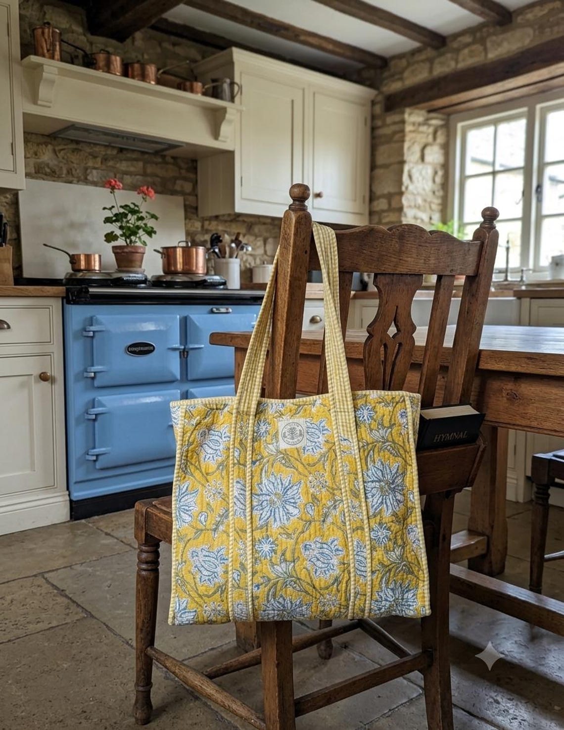 Yellow Lotus Woodblock Print Quilted Cotton Tote Bag