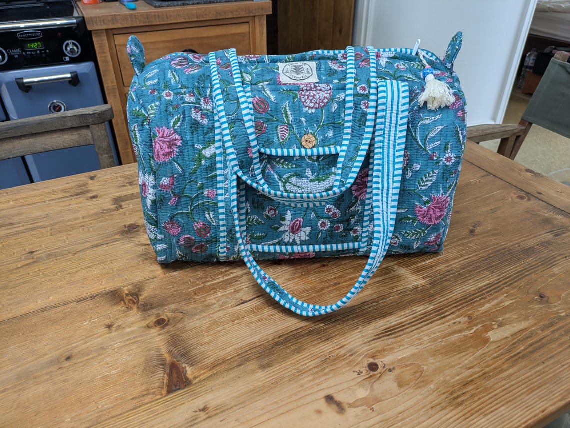 Woodblock Print Handmade Quilted Weekend Bag in Wildwood Rose Print