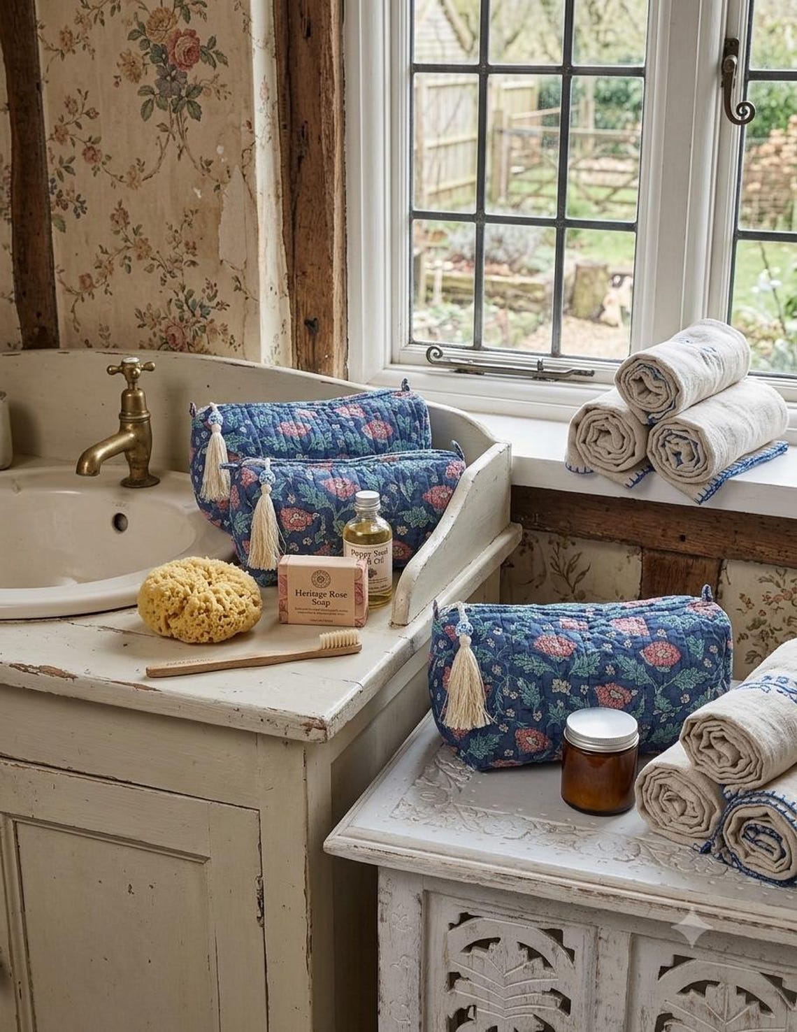 Quilted Woodblock Print Wash Bags in Blue Heritage Poppy, Waterproof Lining