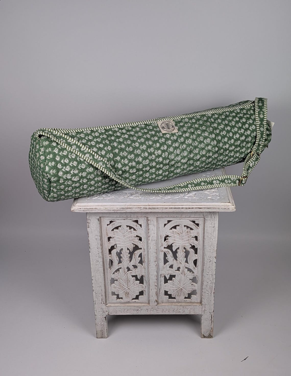 Hand-Block Printed Quilted Yoga Mat Bag, Sage Blossom Floral Cotton (29 inch)