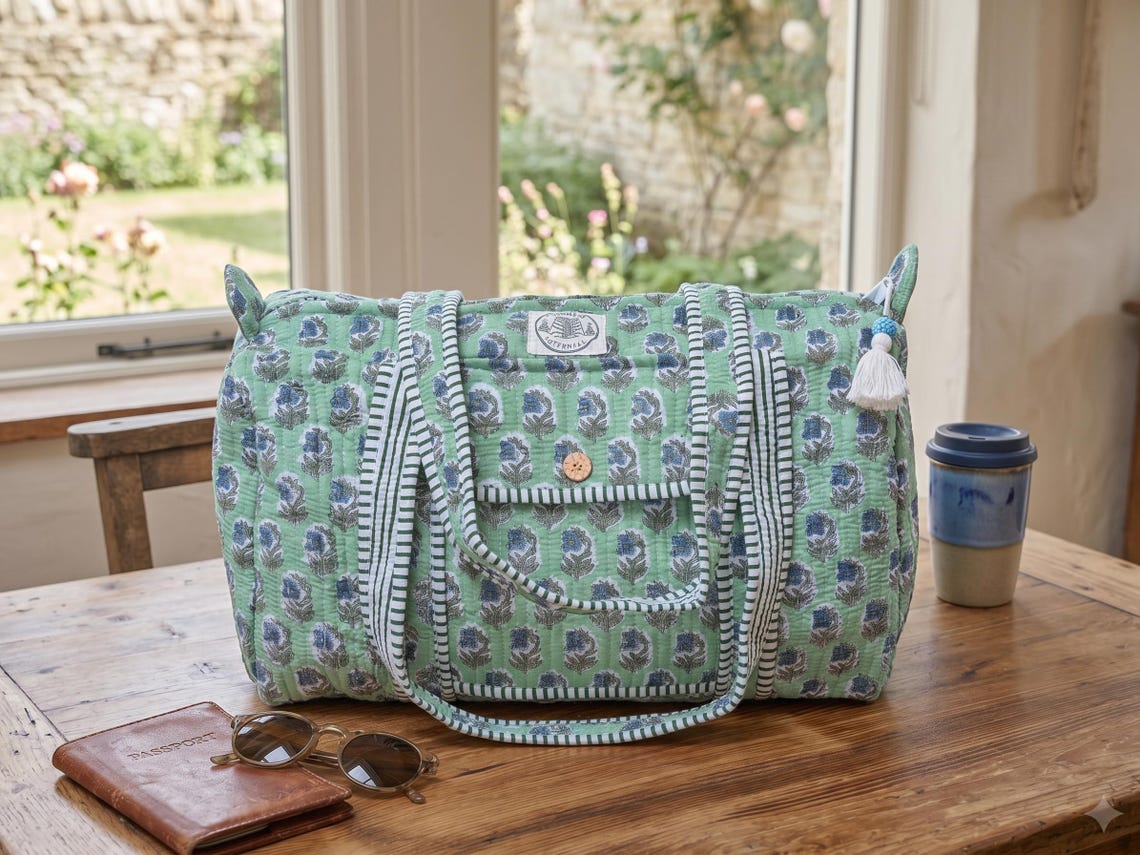 Handmade Woodblock Print Weekend Bag in a Green Boota Print