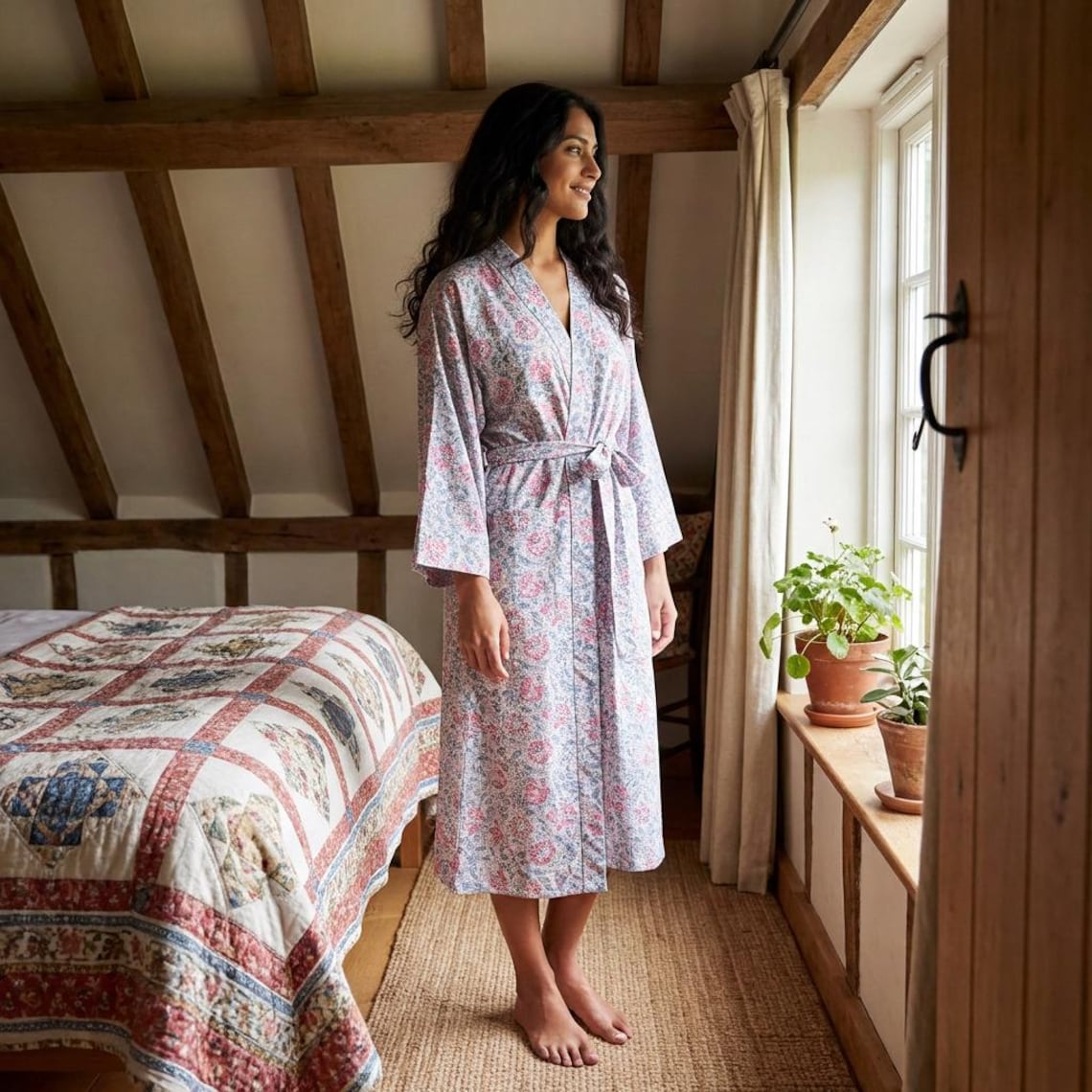 Woodblock Print Kimono Robe Meadow Mist