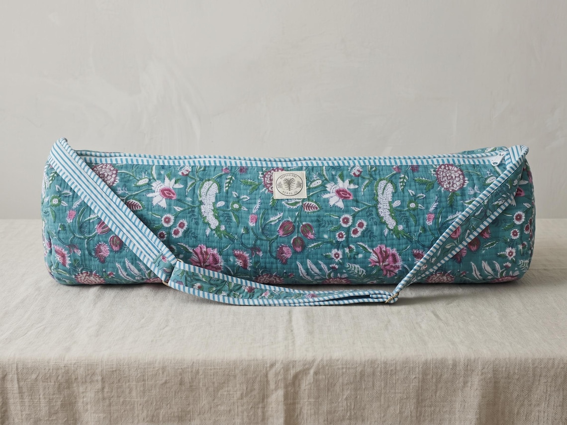 Yoga Mat Bag Hand-Block Printed Quilted Green Jaipur Cotton, 29" Zip Opening