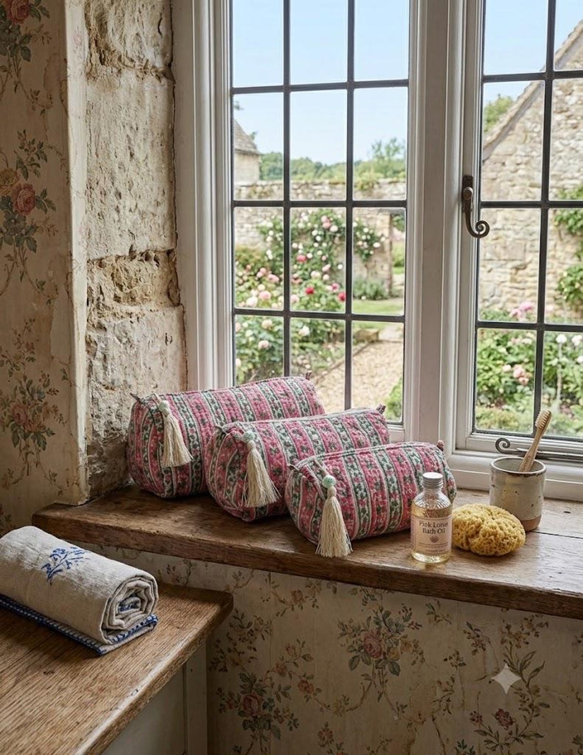 Quilted Woodblock Print Wash Bags in Pink Lotus Print, Waterproof Lining