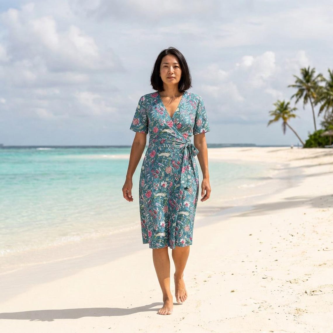 Woodblock Print Wrap Beach Dress, 100% Fine Indian Cotton