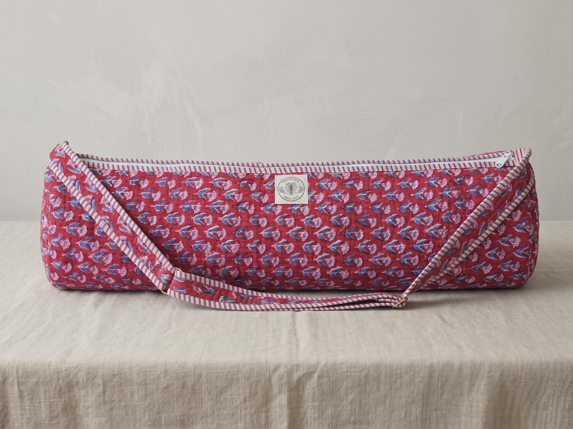Yoga Mat Bag Handmade Block Print Berry Red Quilted Indian Cotton (29" Zip)