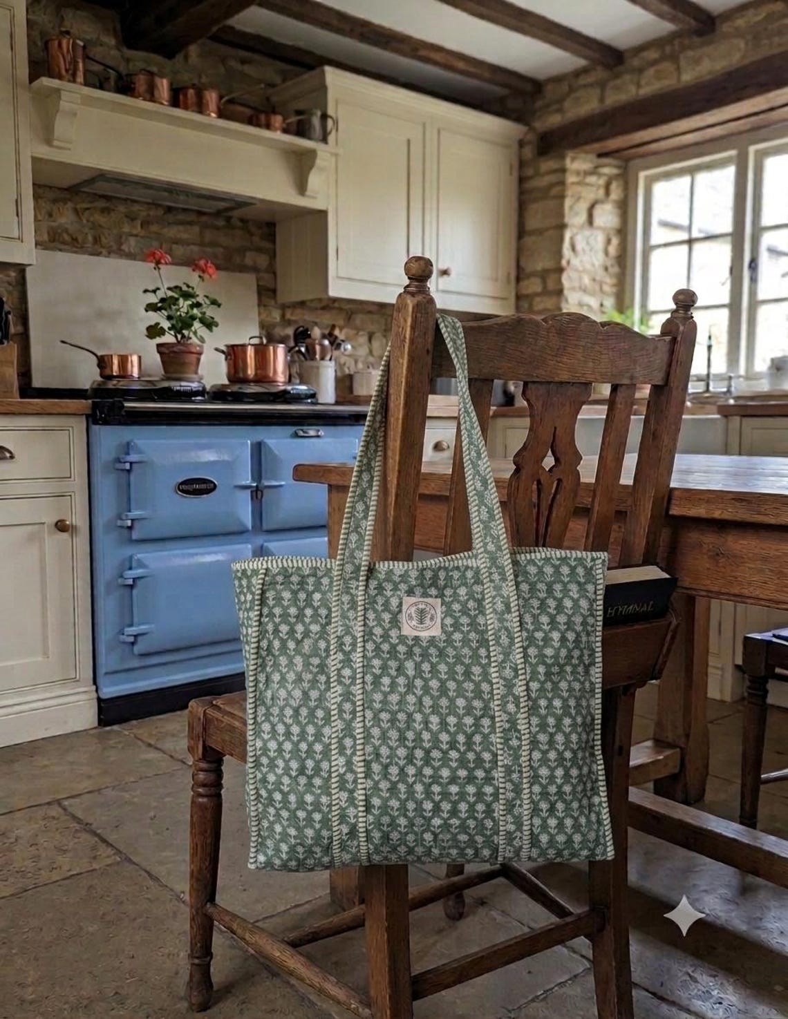 Green Woodblock Print Quilted Cotton Tote Bag