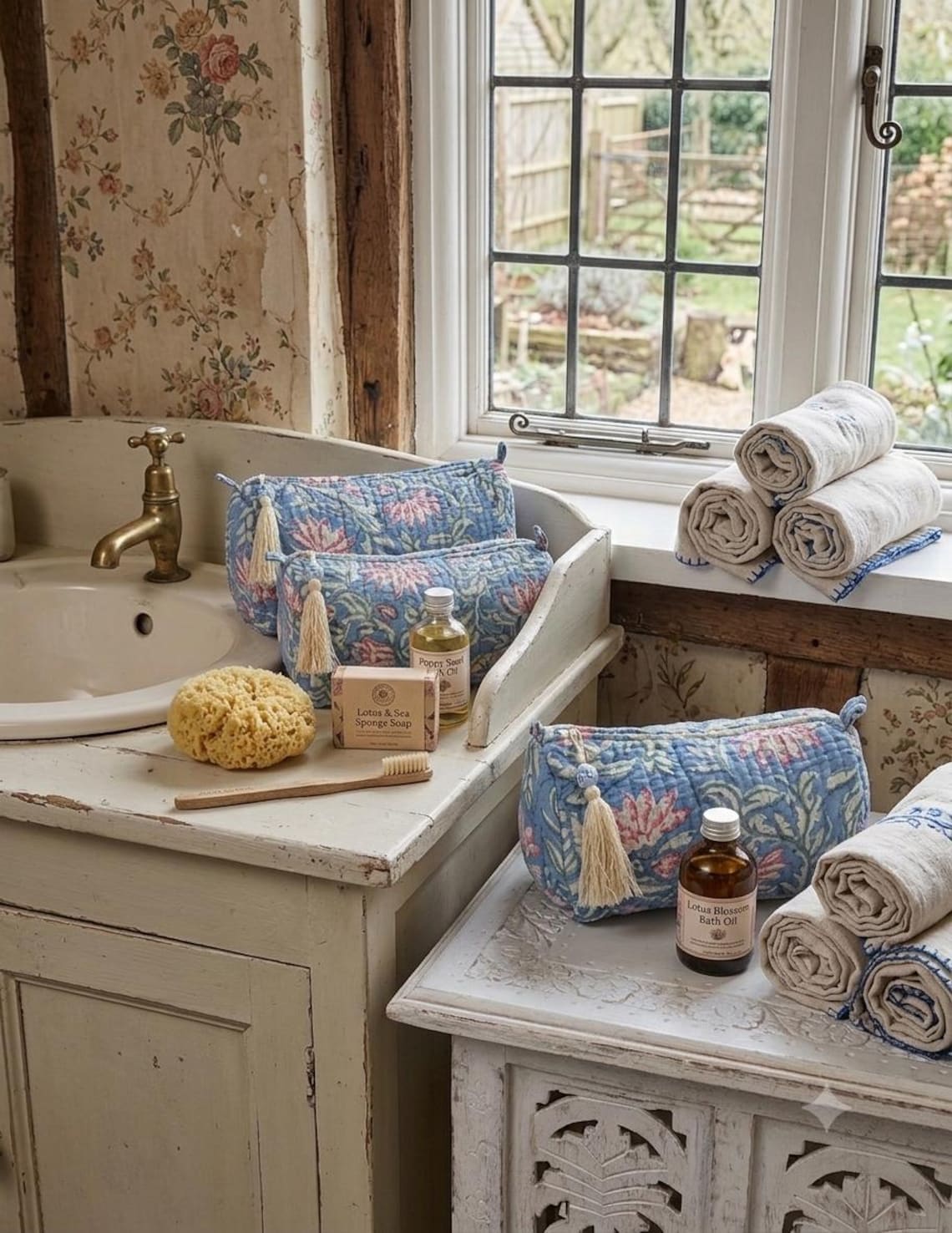 Quilted Woodblock Print Wash Bags in Blue Lotus Print, Waterproof Lining