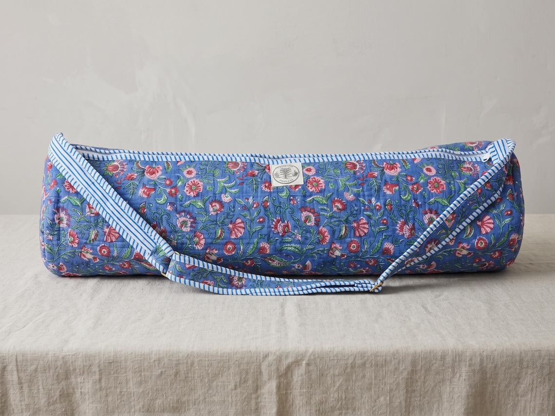 Hand-Block Print Yoga Mat Bag: Quilted Blue Floral Indian Cotton, 29" Zip Opening
