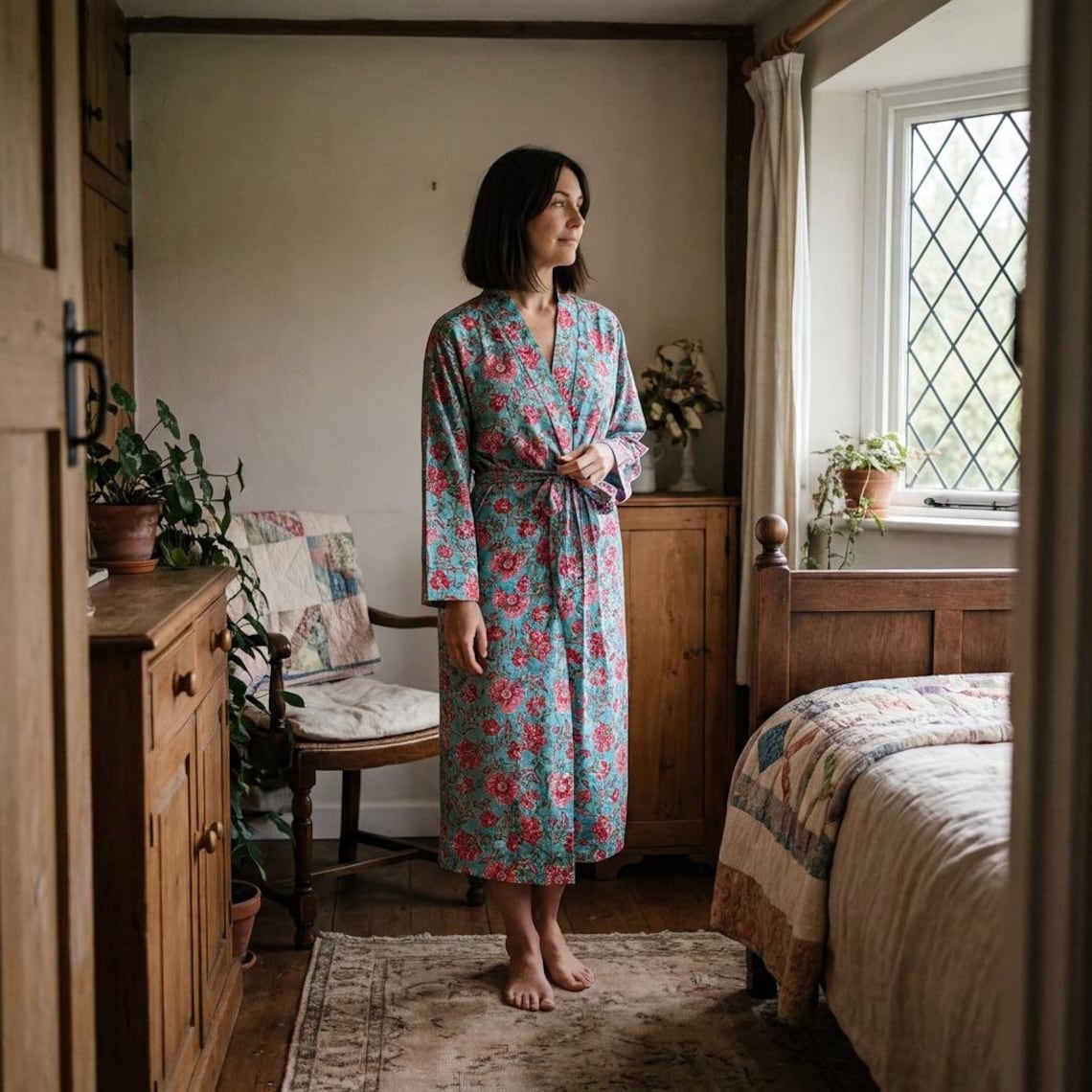 Woodblock Print Kimono Robe Botanical Bloom, 100% fine Indian cotton.