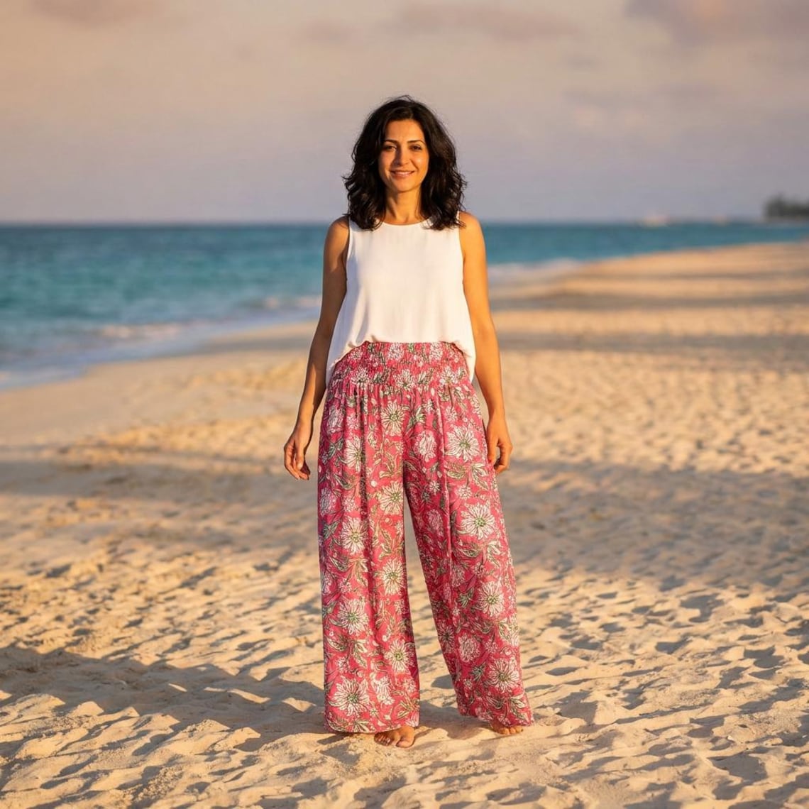 Woodblock Print Wide Culotte Trousers, 100% Cotton, elasticated waist with pockets full skirt appearance
