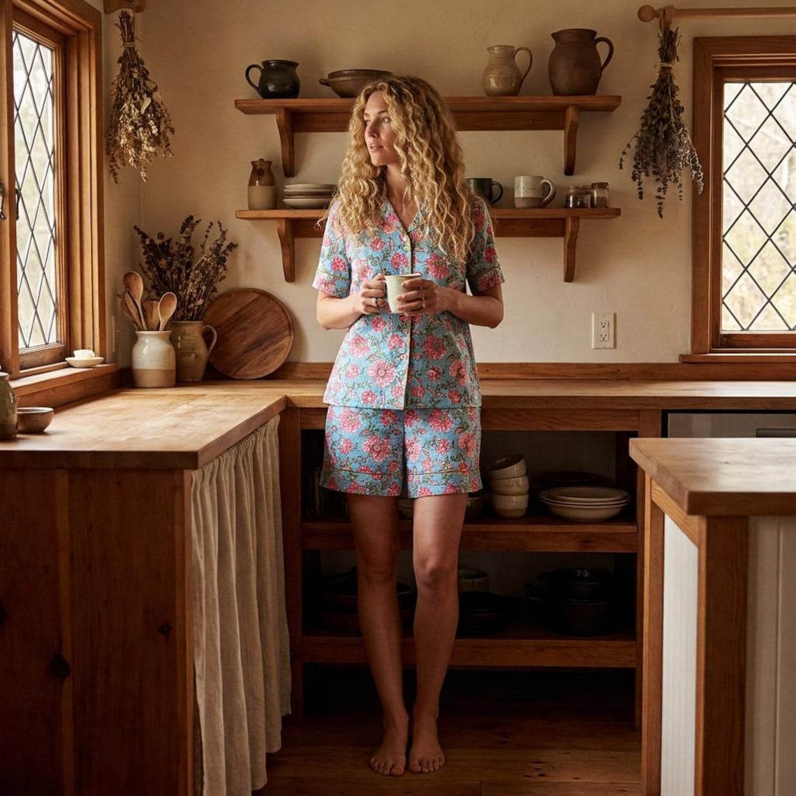 Woodblock Print Pyjama Set With Shorts, 100% Cotton Botanical Bloom