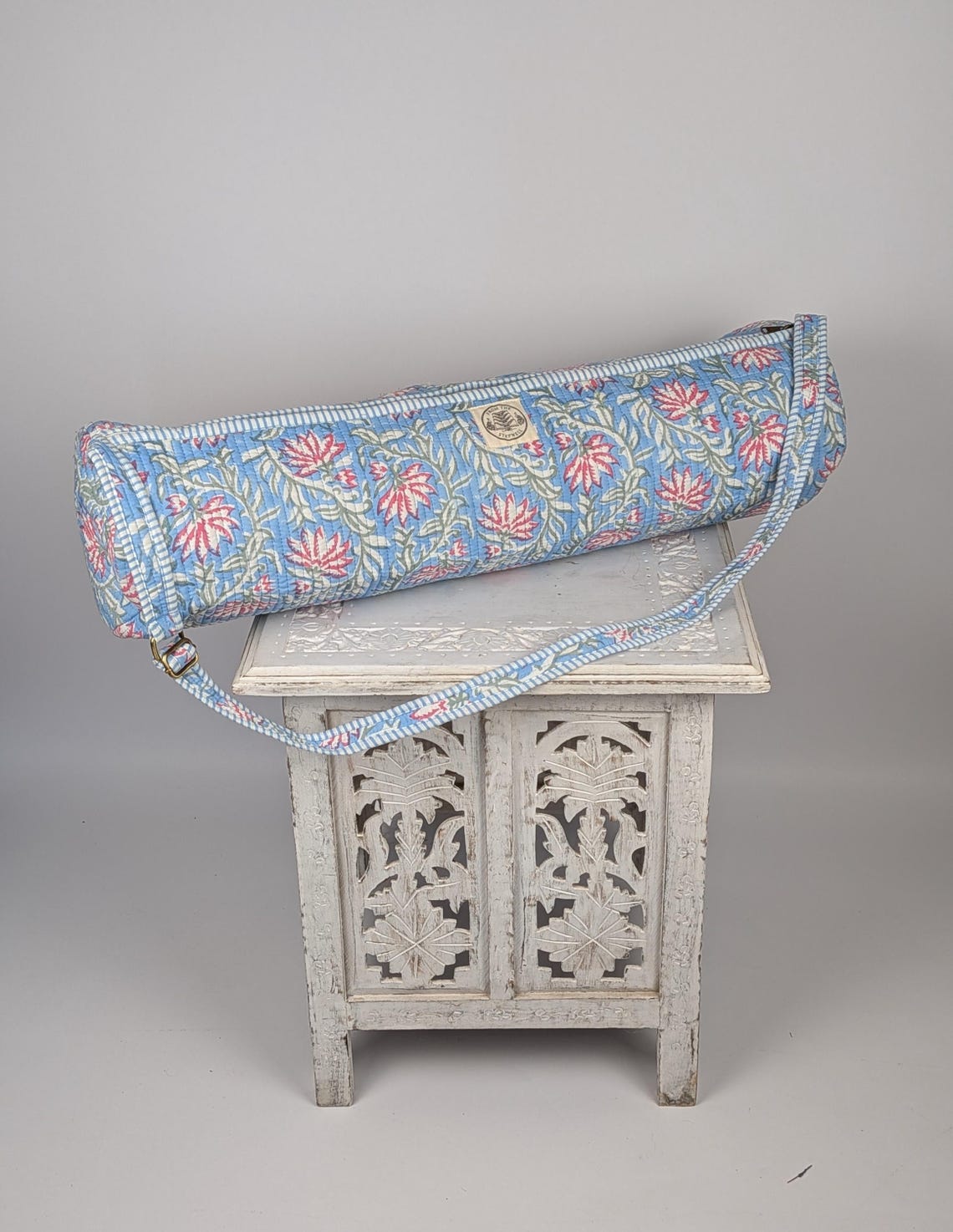 Hand-Block Printed Quilted Yoga Mat Bag: Blue Lotus Floral Design (29" Zip)