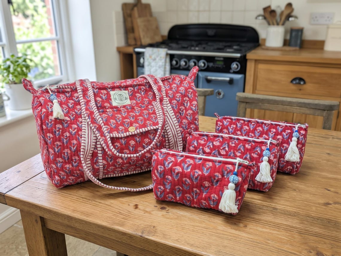 Handmade Quilted Duffel Bag & Cosmetic Pouch Set, Indian Block Print Travel Gift.