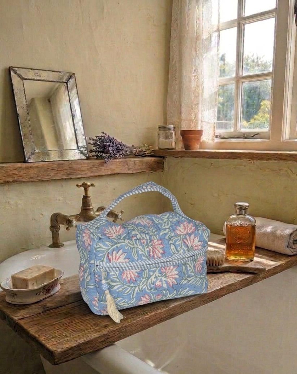 Quilted Woodblock Print Vanity Bag Cotton Cosmetic Case