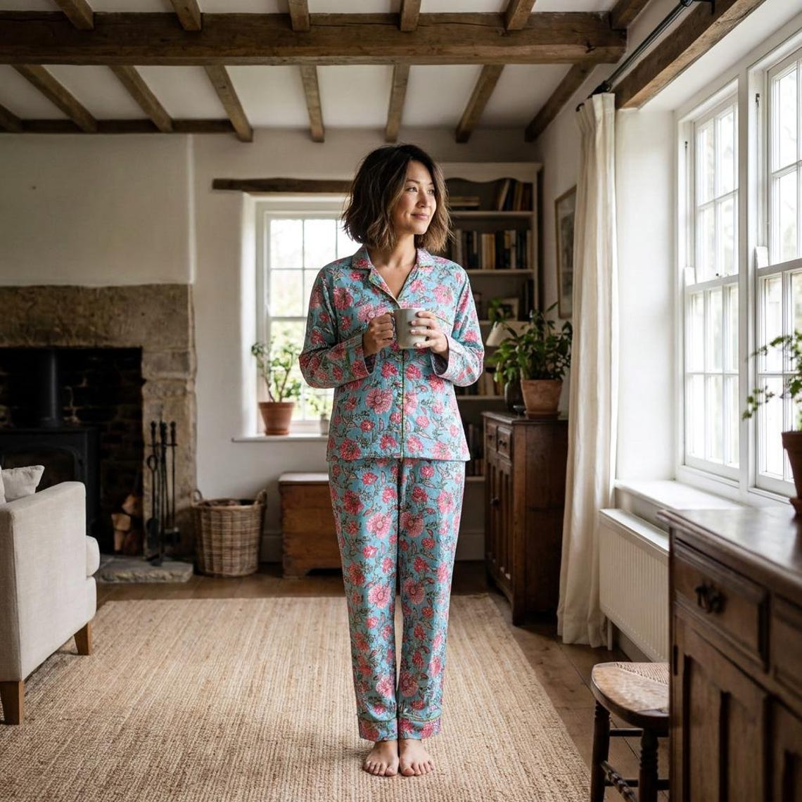 Woodblock Print Long Pyjamas, 100% Cotton Botanical Bloom