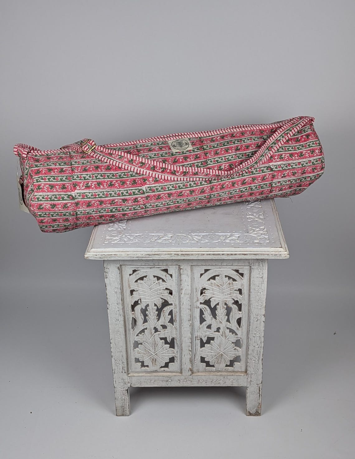 Pink Lotus Quilted Yoga Mat Bag: Hand-Block Printed Cotton, 29" Zip Opening