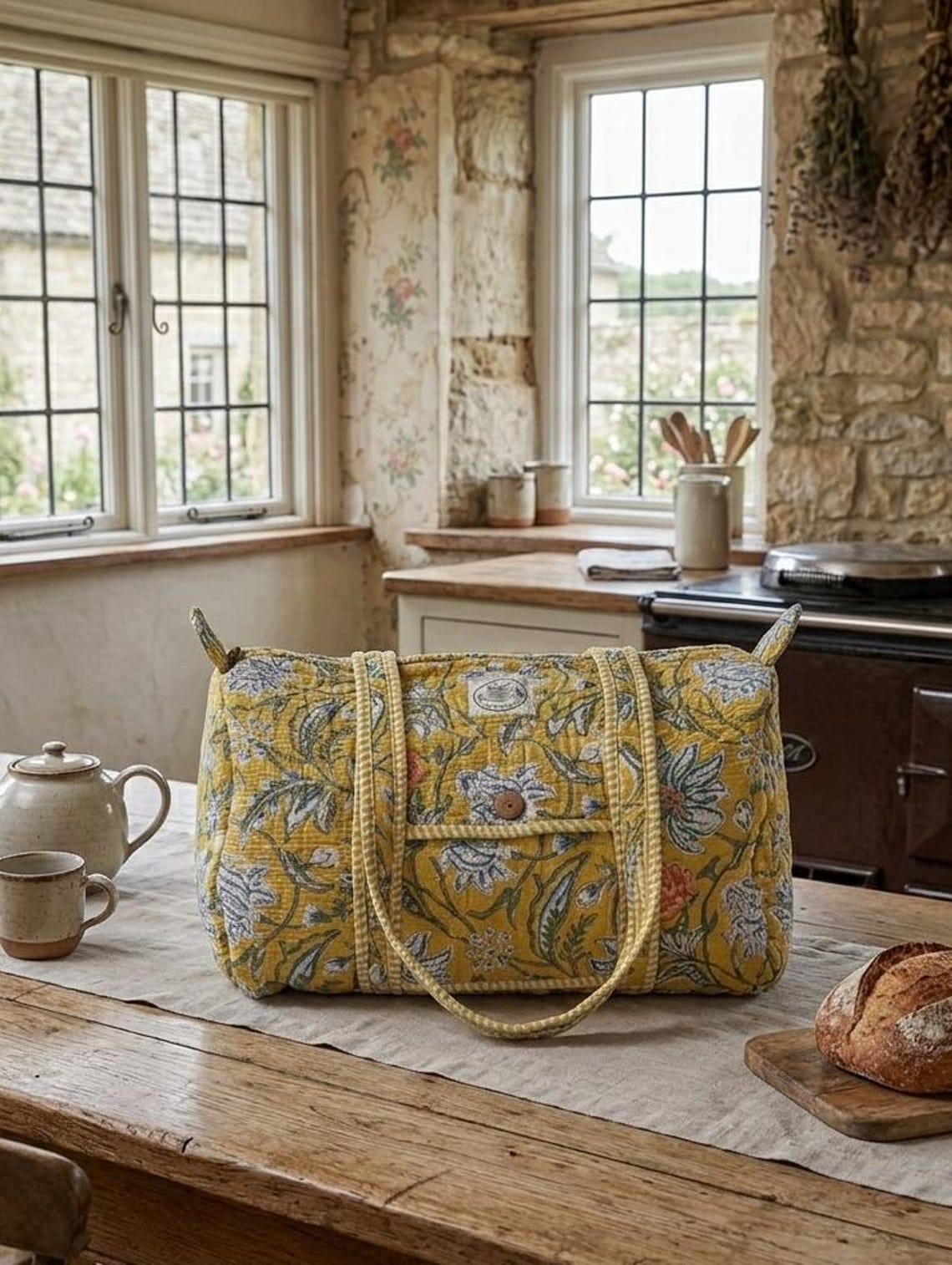 Handmade Woodblock Print Weekend Bag Yellow Lotus Print