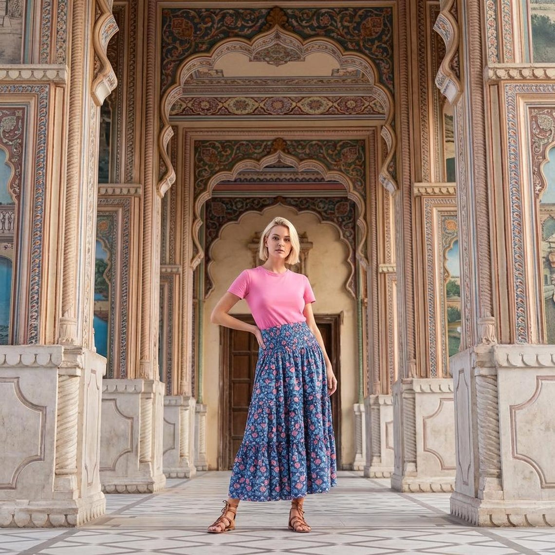 100% Cotton Hand Block Print Maxi Skirt, Jaipur Artisan, Smocked Waist, Tiered Pockets