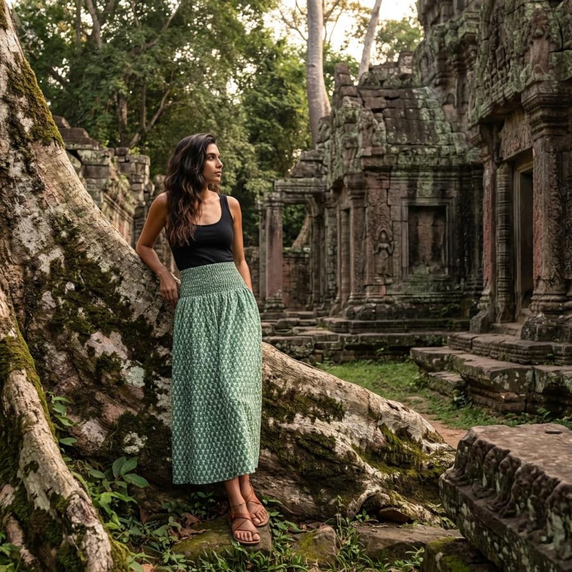 Sage Blossom Panel Skirt