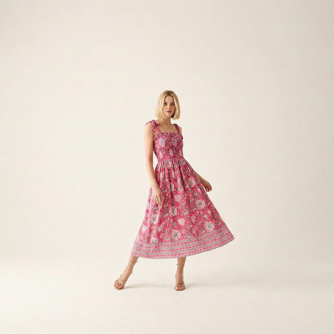 Woodblock Print Bandeau Dress with detachable tie straps and pockets, 100% cotton, Pink Lotus