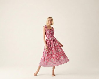 Woodblock Print Bandeau Dress with detachable tie straps and pockets, 100% cotton, Pink Lotus