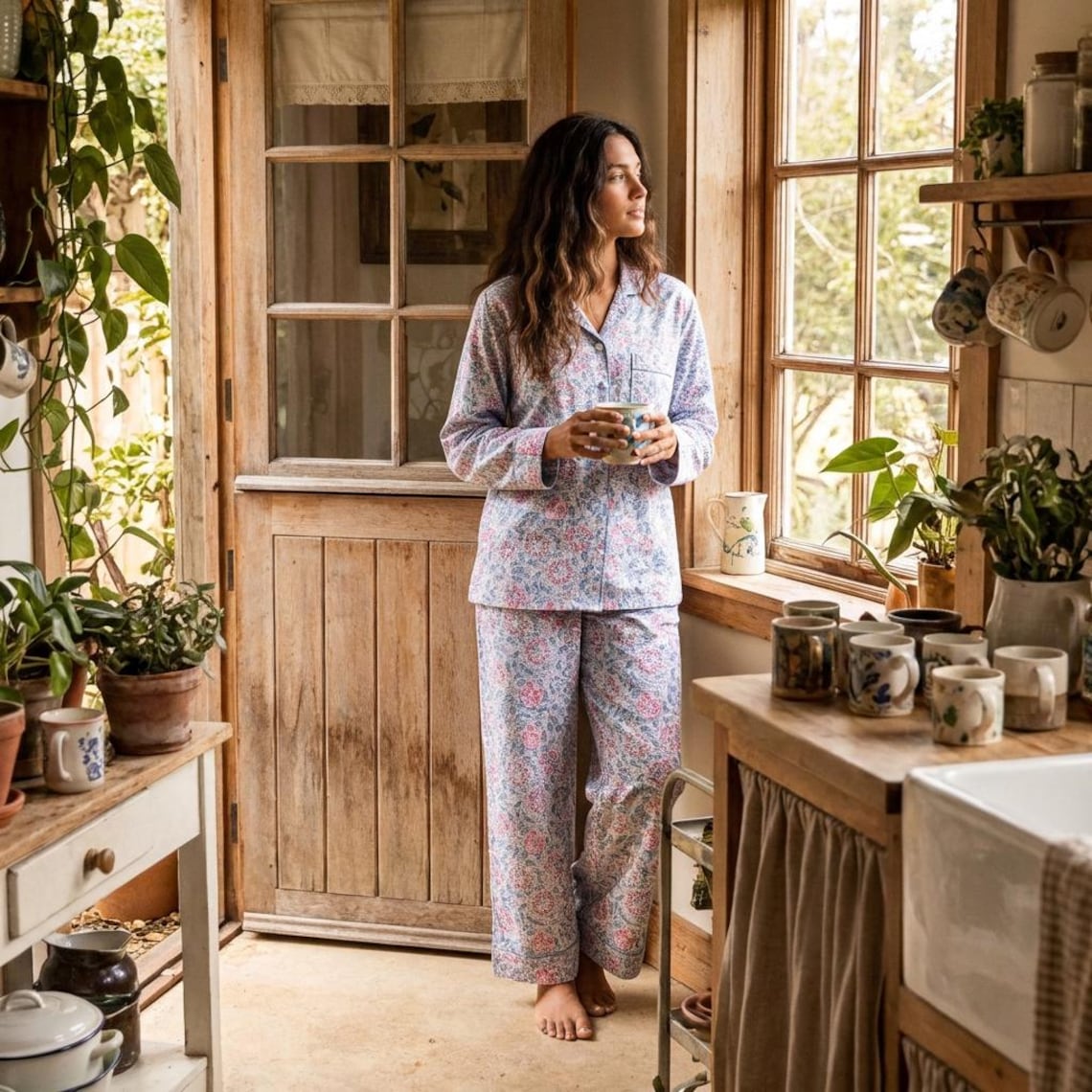 Woodblock Print Long Pyjamas, 100% Soft Indian Cotton Meadow Mist