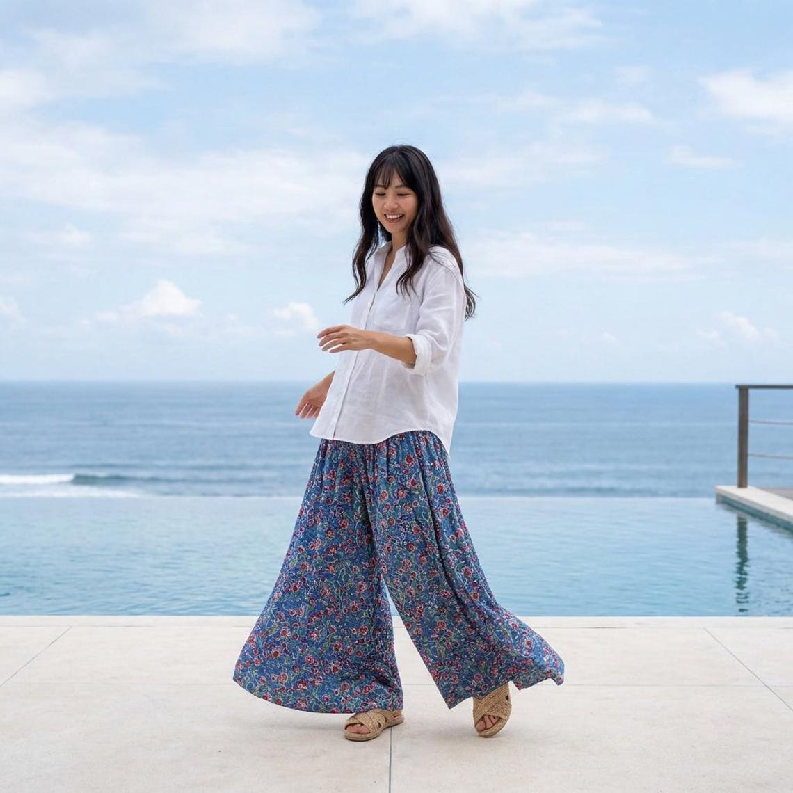 Woodblock Print Wide Culotte Trousers, 100% Cotton, elasticated waist with pockets full skirt appearance