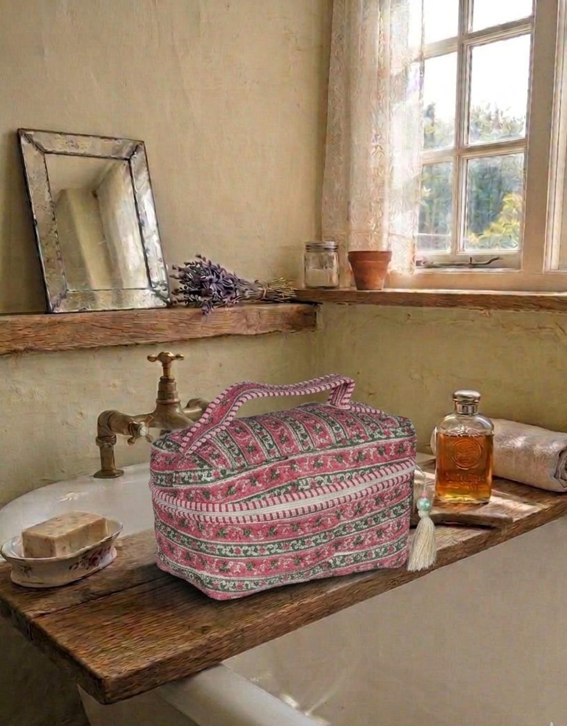 Quilted Woodblock Print Vanity Bag  Pink Cotton Cosmetic Case