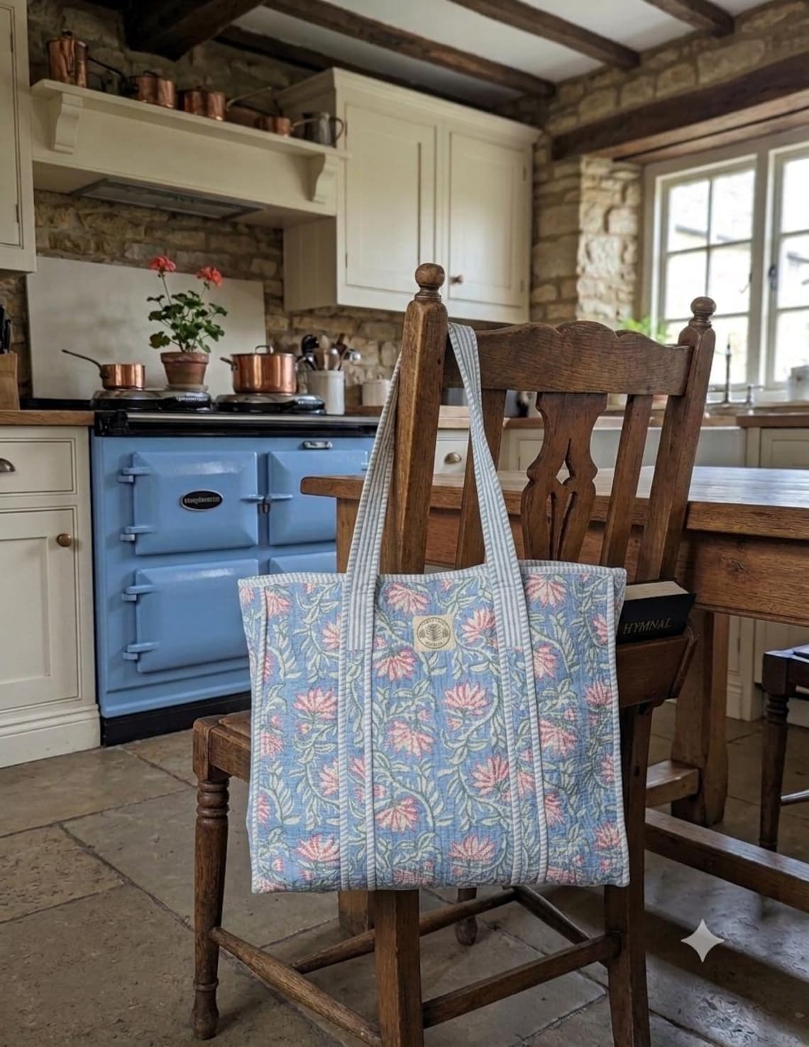 Blue Lotus Hand-Block Print Quilted Cotton Tote Bag, Floral Botanical Shoulder Bag