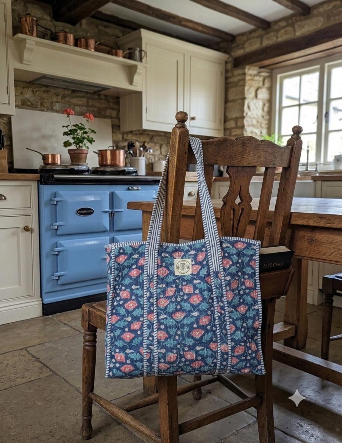Dark Blue Woodblock Print Quilted Cotton Tote Bag