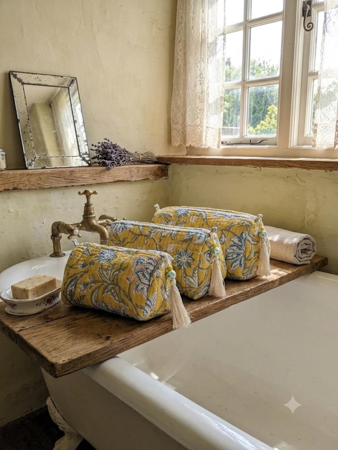 Quilted Woodblock Print Wash Bags in Yellow Lotus Print, Waterproof Lining