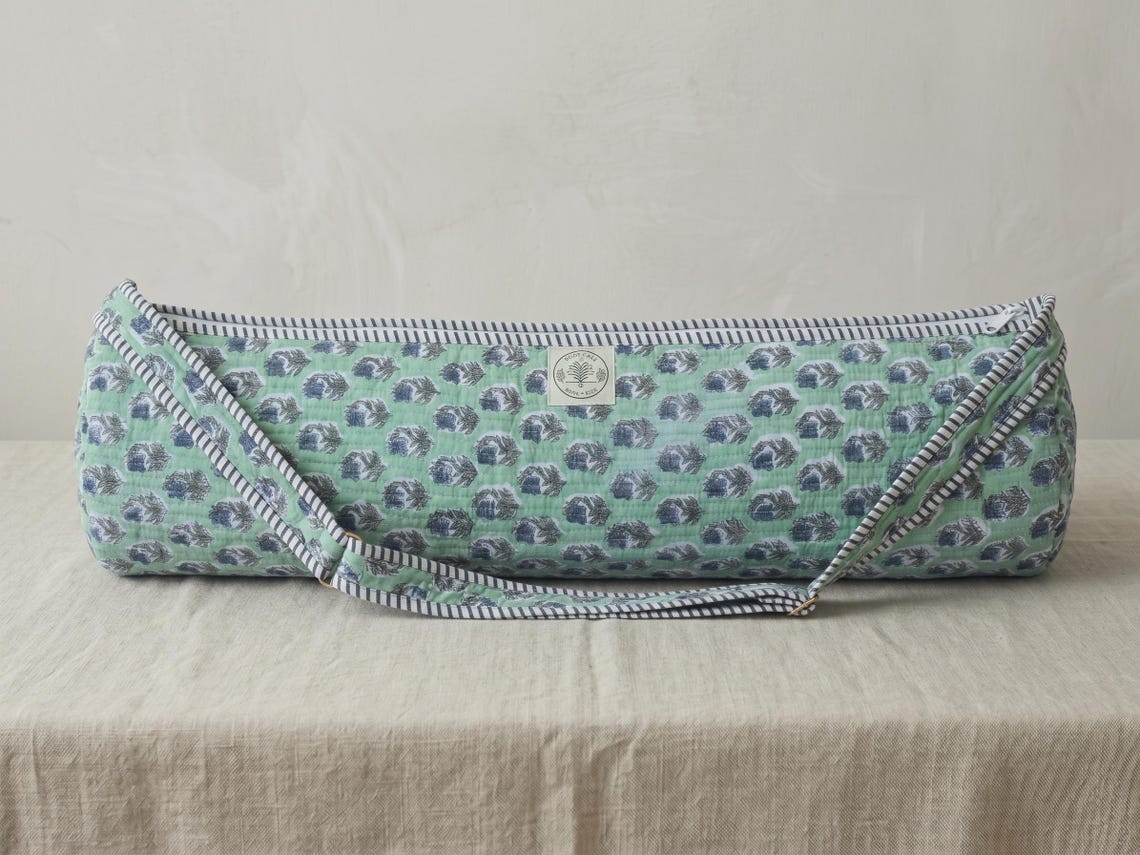 Woodblock Print Yoga Mat Bag in Green Boota Hand Printed Quilted Cotton