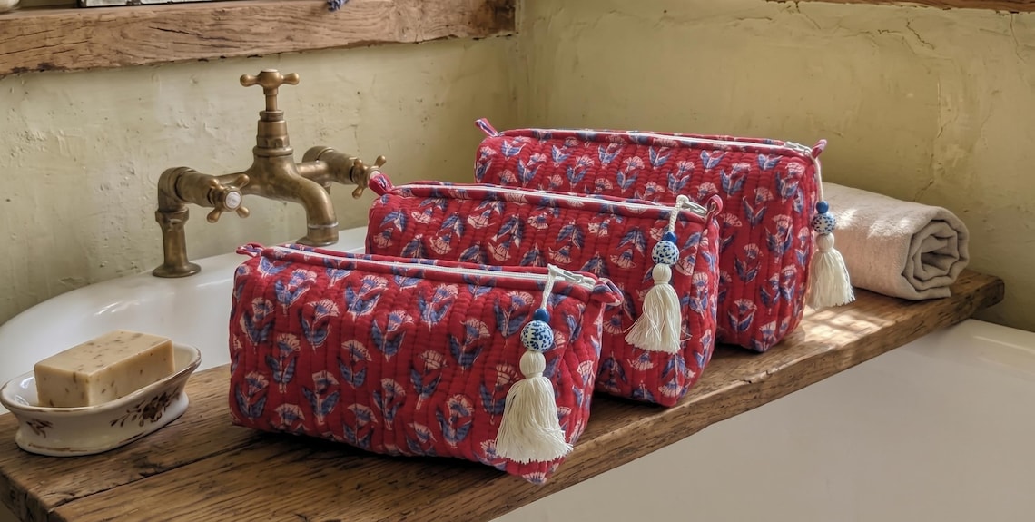 Woodblock Print Wash Bags in Red Boota, Waterproof Lining,
