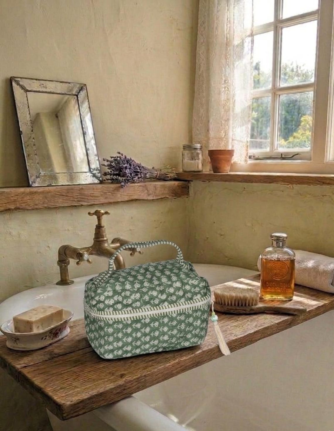 Quilted Woodblock Print Vanity Bag Cotton Cosmetic Case