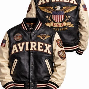 Avirex USA Eagle Flight Crew Leather Bomber Jacket – Retro College Streetwear Patch Coat