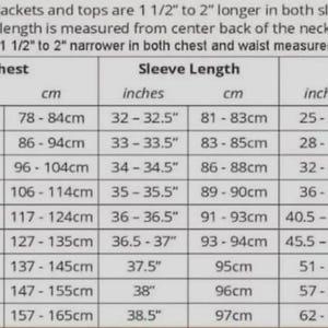 May include: A size chart table for jackets and tops with columns for chest, sleeve length, and waist measurements in inches and centimeters. The table lists sizes from XS to 5XL, including notes on tall and slim fit adjustments for garments.
