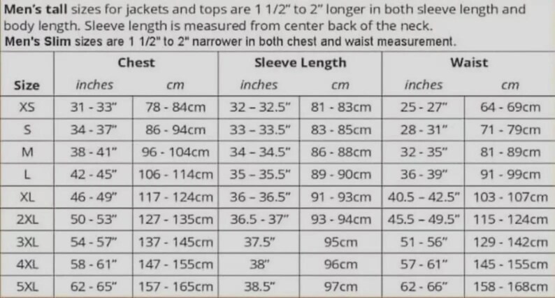 May include: A size chart table for jackets and tops with columns for chest, sleeve length, and waist measurements in inches and centimeters. The table lists sizes from XS to 5XL, including notes on tall and slim fit adjustments for garments.
